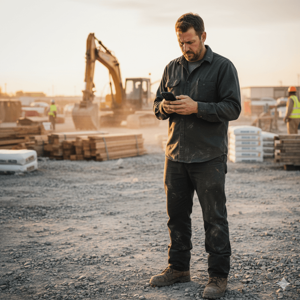 Contractor on active job site reviewing phone