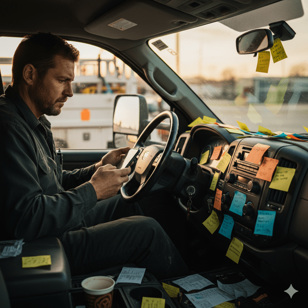 Plumber in work truck tracking quotes from memory, before Tulboxx