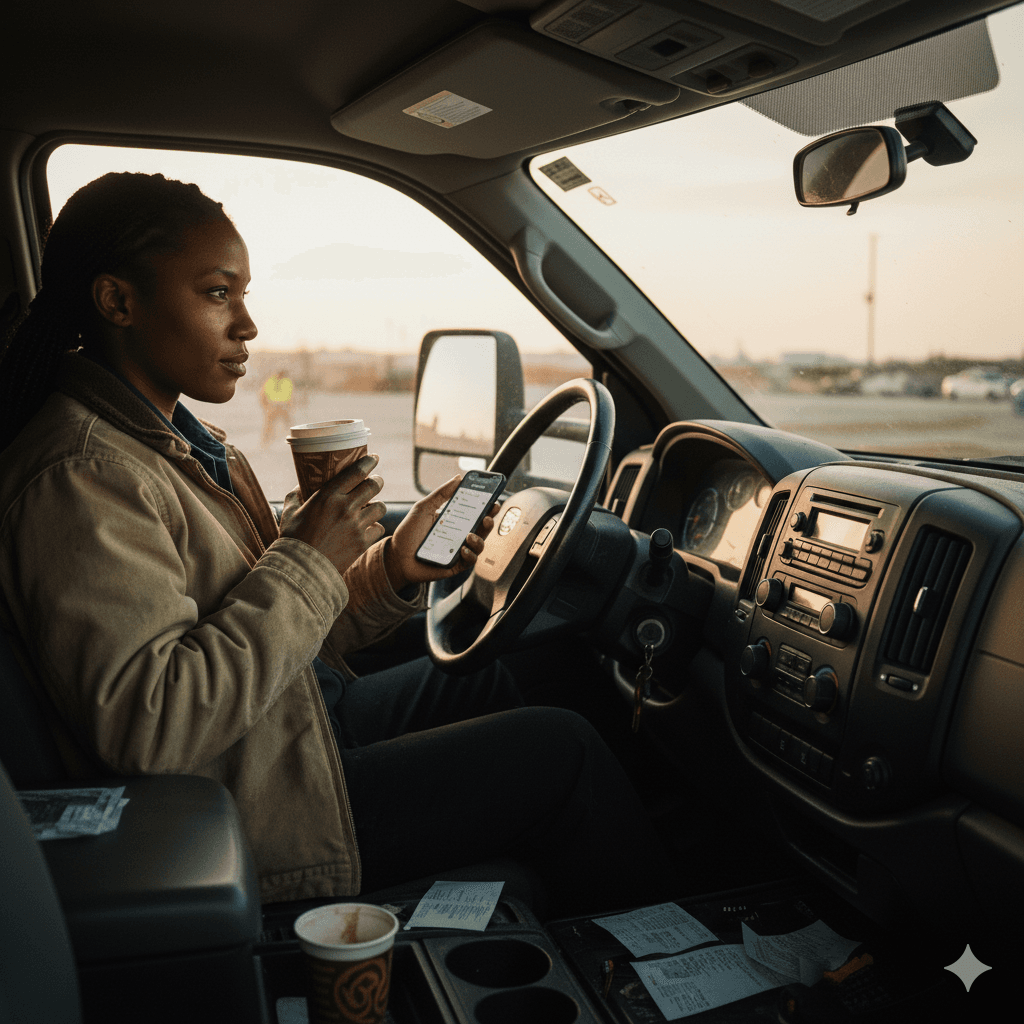 Contractor in truck at first light, coffee in hand, reviewing Today's List
